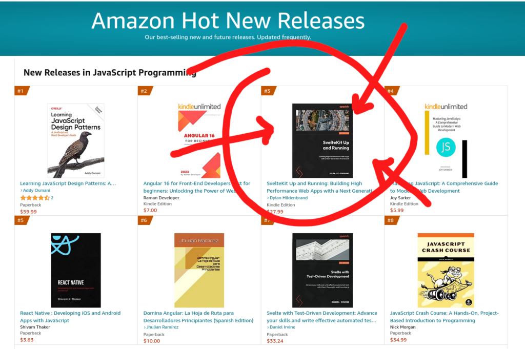 SvelteKit Up and Running is shown in the #3 spot of Amazon's "Hot New Releases" section.