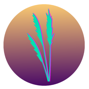 An circle with a gradient from the top to bottom fades from orange to purple. At the center are three stalks of wheat that stand together with a purple shadow.